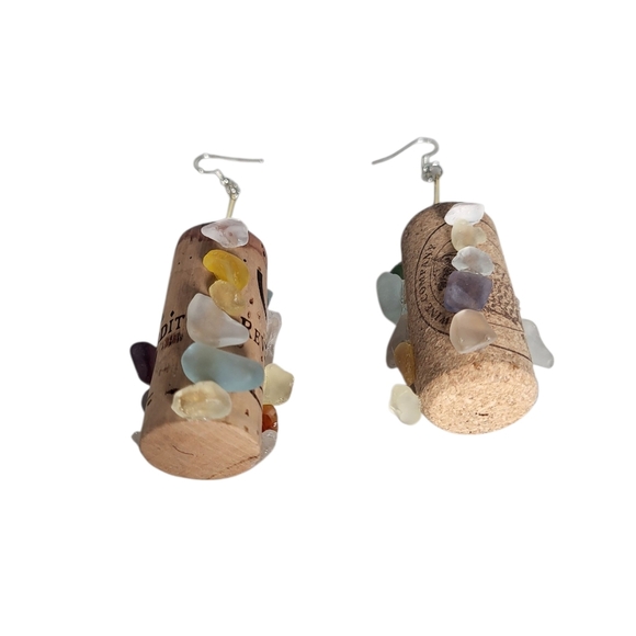 14k Goldplated Wine Cork & Sea Glass Bar Dangle Earrings - Picture 3 of 5